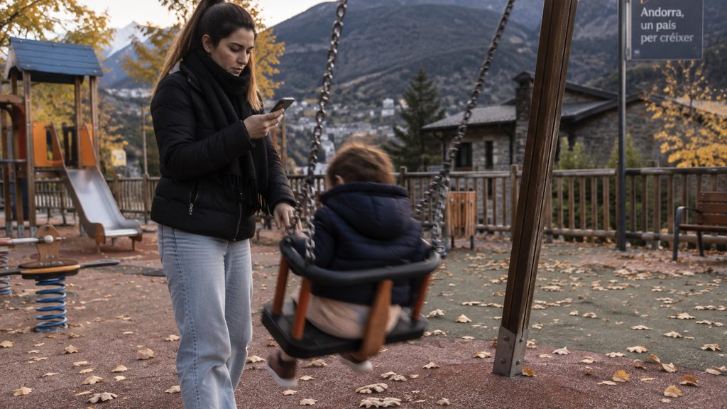 Canguro empujando el columpio de un niño en un parque de Andorra a media tarde