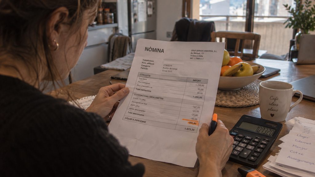 Mujer repasando en su nómina el descuento de la CASS como empleada de hogar en Andorra