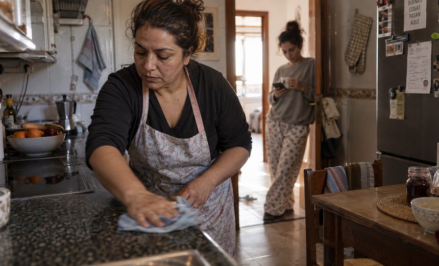 Contratar una empleada de hogar por horas Empleada de hogar limpiando la encimera de la cocina mientras la clienta desayuna al fondo