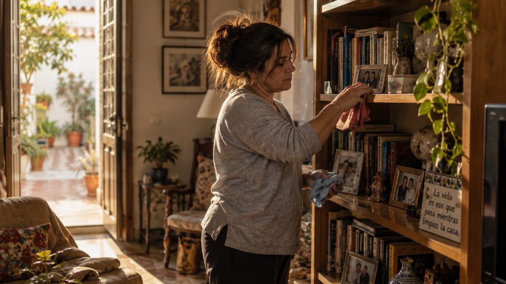 Empleada de hogar trabajando en el salón en una vivienda de Badajoz