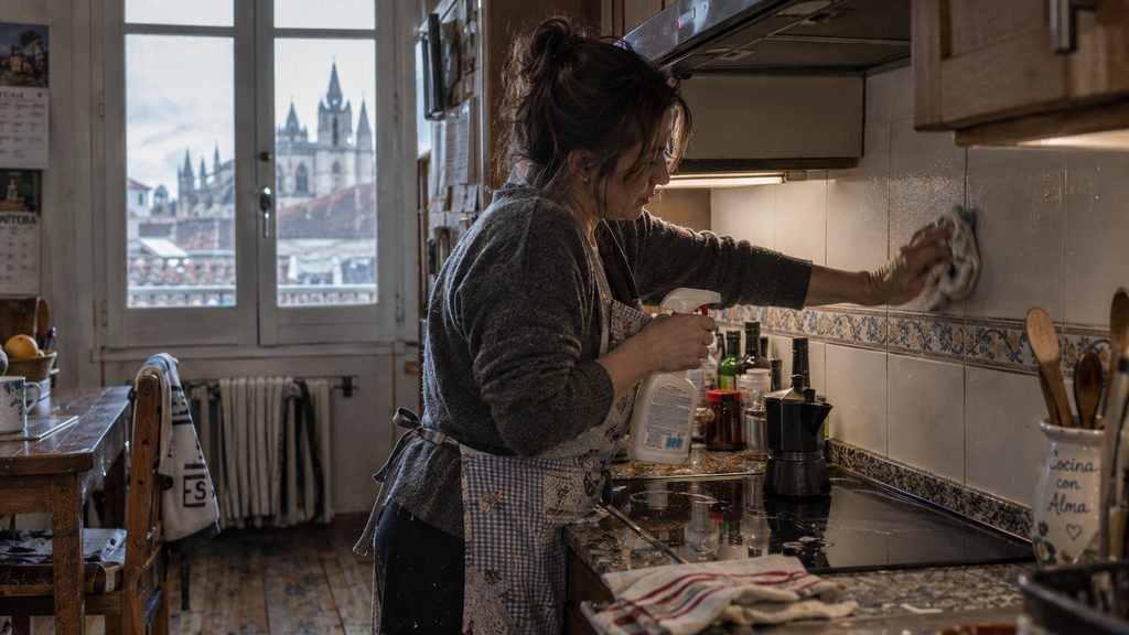 Empleada de hogar trabajando en la cocina en una vivienda de León