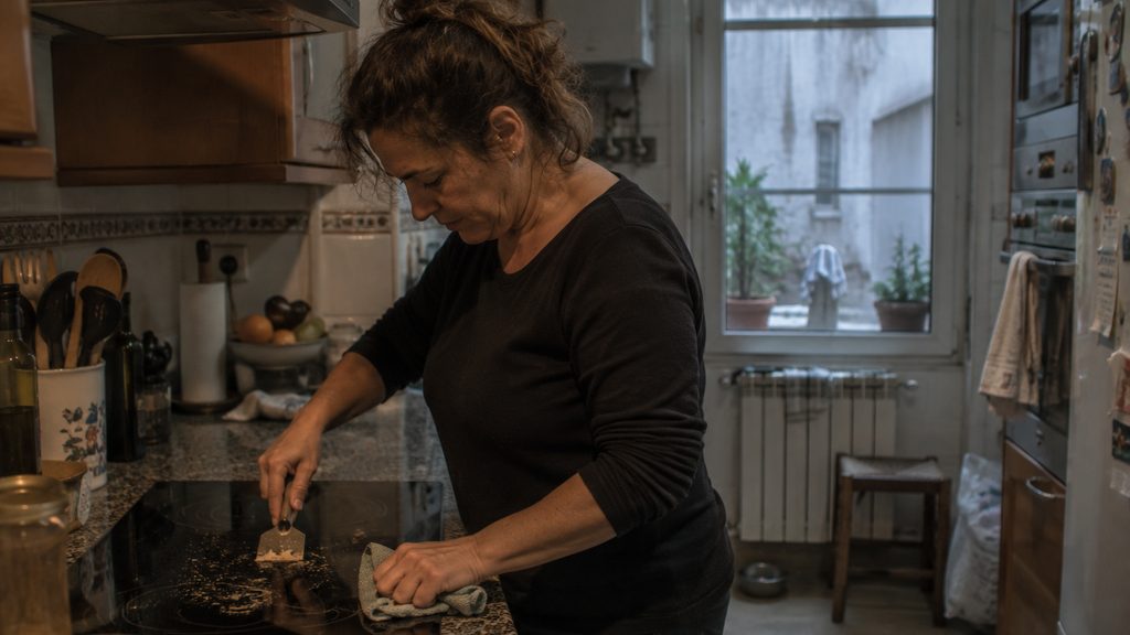 Empleada de hogar trabajando en la cocina en una vivienda de Ourense