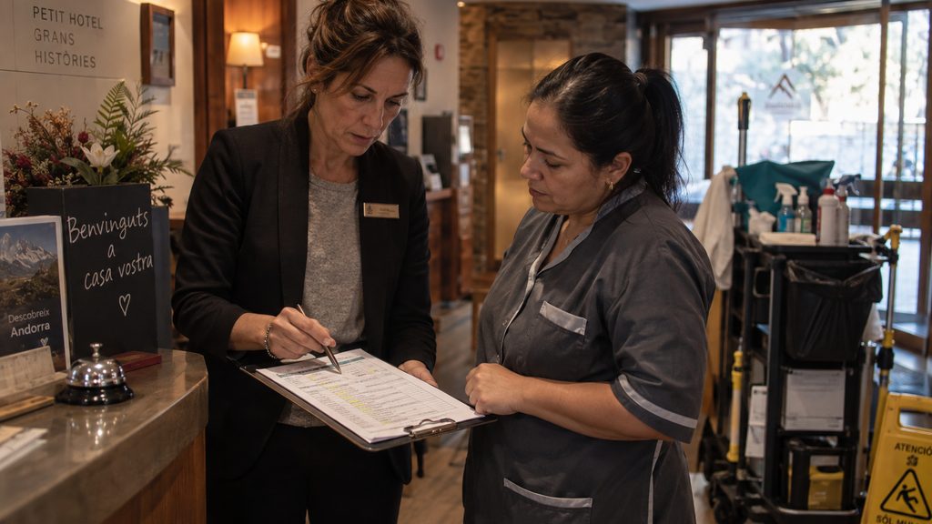 Encargada revisando la hoja de control de tareas con una limpiadora en un hotel de Andorra