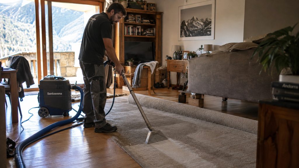 Profesional limpiando una alfombra del salón con máquina de inyección-extracción en una casa de Andorra
