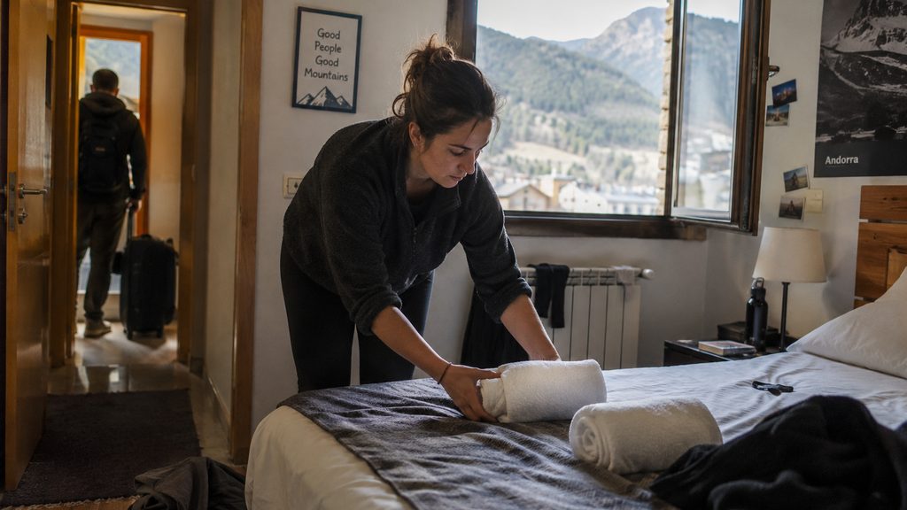 Limpiadora colocando las toallas en un apartamento turístico de Andorra entre dos huespedes