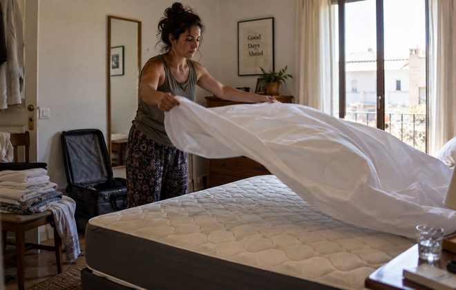 Limpieza de apartamentos turísticos Limpieza de un apartamento turístico cambiando la ropa de cama entre huéspedes