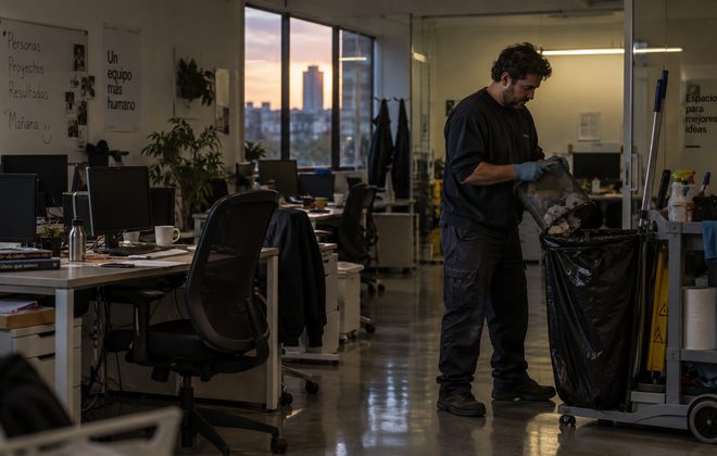 Limpieza de oficinas y locales Limpieza de una oficina al final de la jornada vaciando las papeleras con el carro de limpieza
