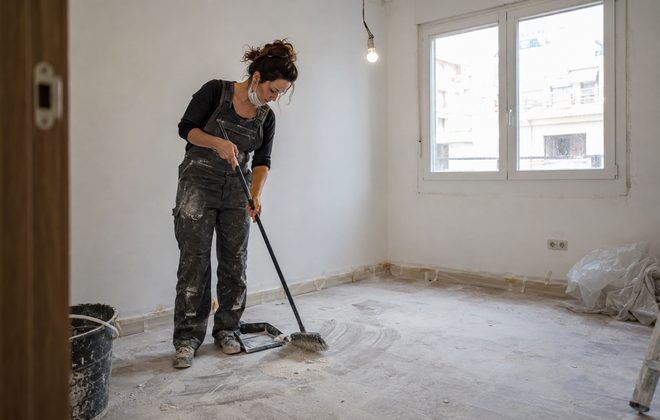 Limpieza fin de obra después de una reforma Limpieza fin de obra barriendo el polvo de yeso de una habitación recién reformada