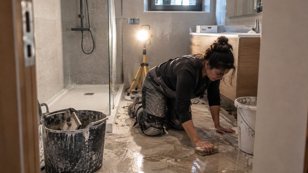 Operaria fregando el suelo de un baño recien reformado en una limpieza fin de obra en Andorra