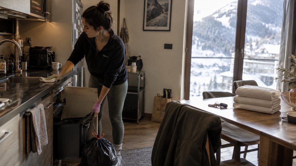 Limpiadora cambiando las sábanas de un apartamento turístico en Andorra entre dos huespedes