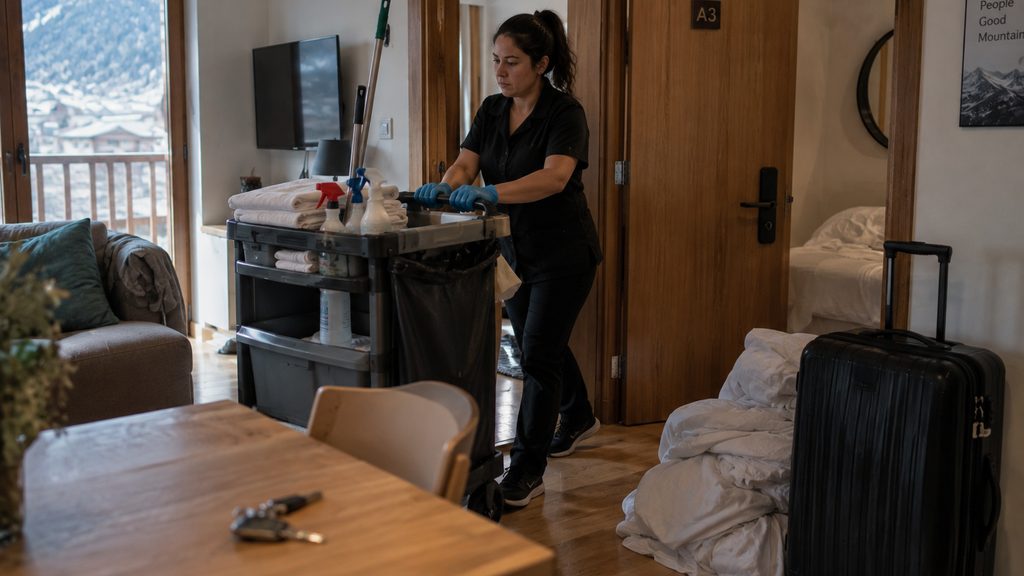 Limpiadora entrando con el carro a un apartamento turístico de Andorra recien desocupado