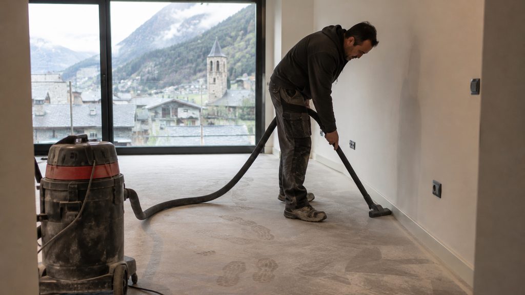 Operario aspirando el polvo de obra del rodapié en un piso vacío de Ordino