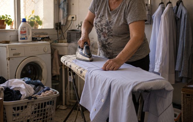 Plancha y lavandería a domicilio Servicio de plancha a domicilio planchando una camisa en el lavadero de una casa