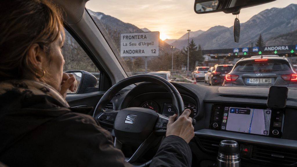 Trabajadora fronteriza en la cola de la frontera camino de su jornada en Andorra