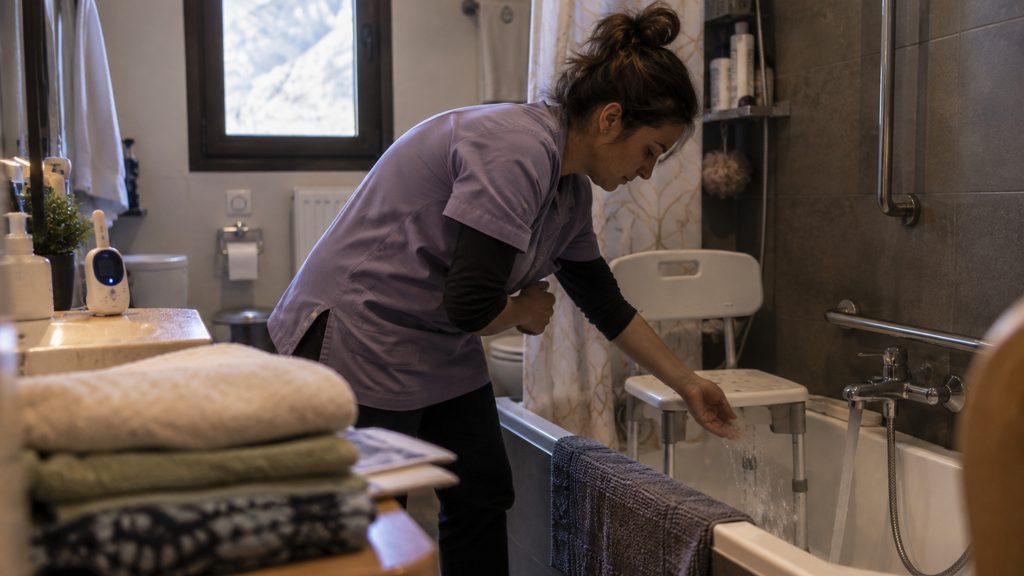 Cuidadora comprobando la temperatura del agua en un baño adaptado de una casa de Andorra
