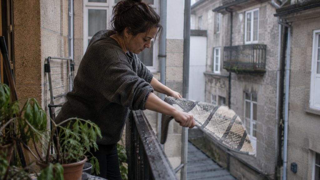 Trabajadora de limpieza en una terraza durante su jornada en Ourense