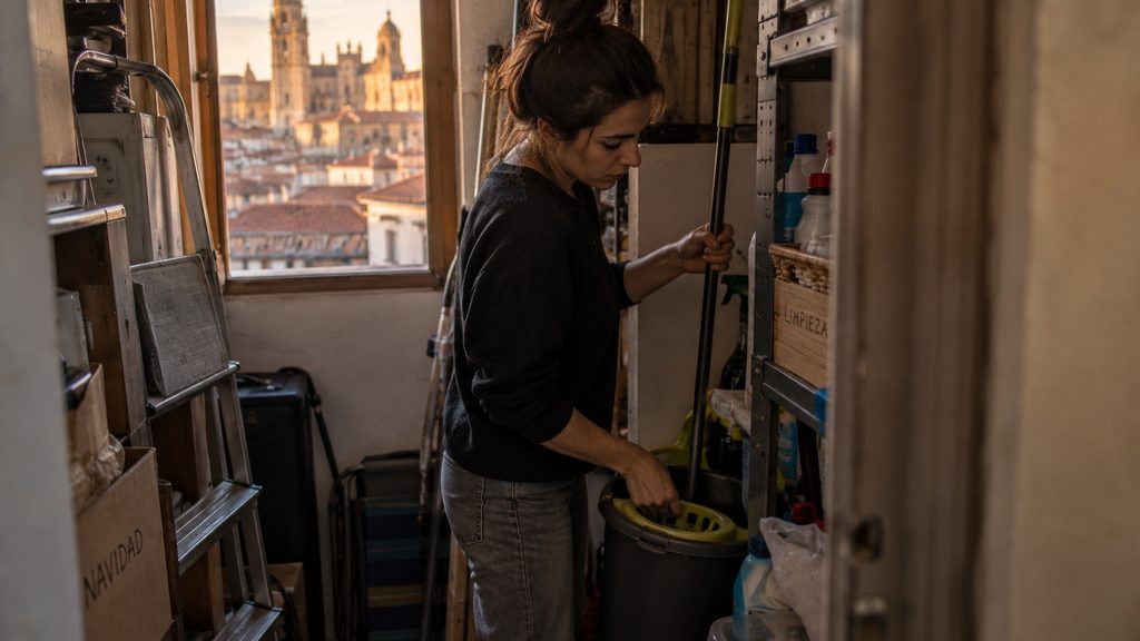 Trabajadora de limpieza en un trastero durante su jornada en Salamanca